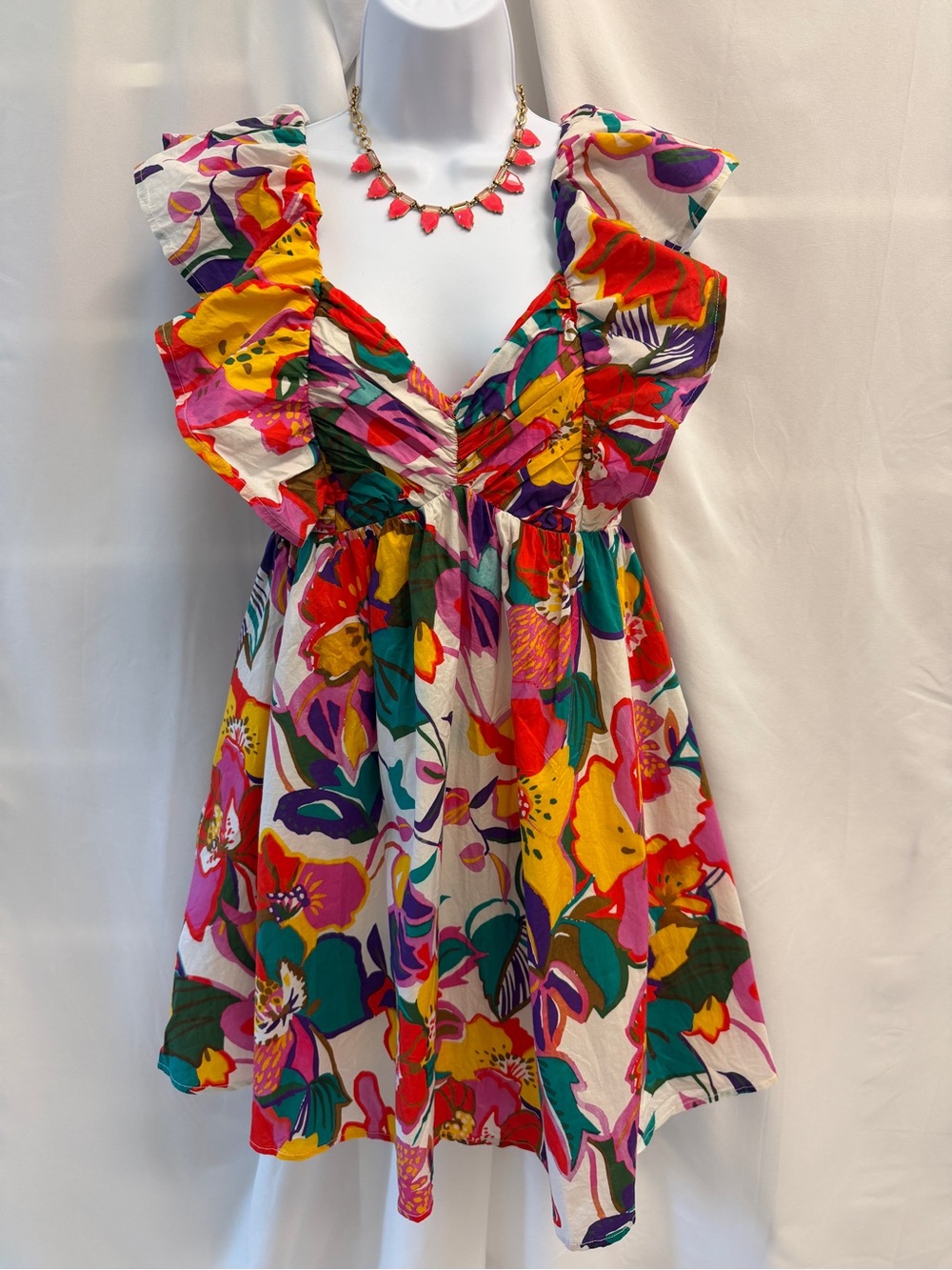 Entro Vibrant Floral Ruffle Sleeve Ruched Sweetheart Mini Dress Size S